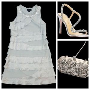 S. L. Fashions Shiny Silver and Grey Tiered Beaded Cocktail Dress Size 12